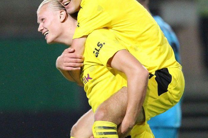 Erling Braut Haaland (L) and Giovanni Reyna celebrate after Dortmund's German Cup win at Wehen Wiesbaden last weekend
