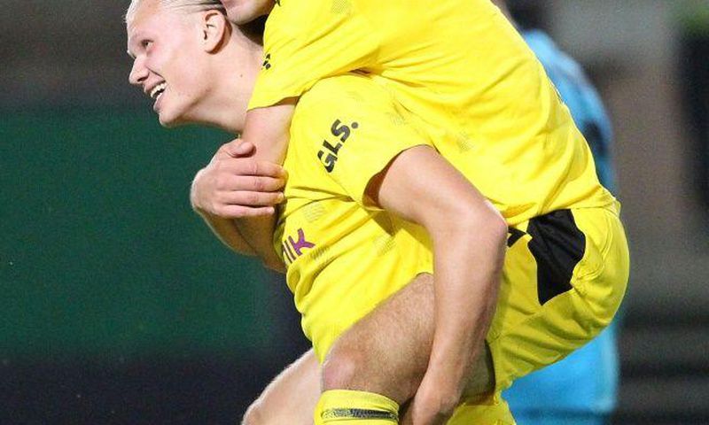 Erling Braut Haaland (L) and Giovanni Reyna celebrate after Dortmund's German Cup win at Wehen Wiesbaden last weekend