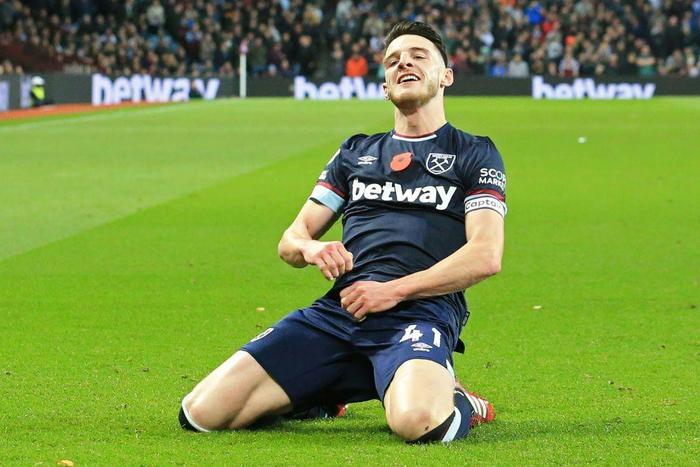 West Ham United midfielder Declan Rice celebrates scoring against Aston Villa