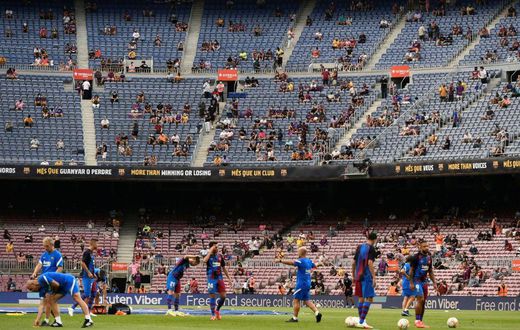 Life after Lionel: Barcelona's players warm up before the Spanish League match against Real Sociedad