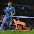 Manchester City midfielder Kevin De Bruyne celebrates scoring against Leeds
