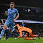 Manchester City midfielder Kevin De Bruyne celebrates scoring against Leeds