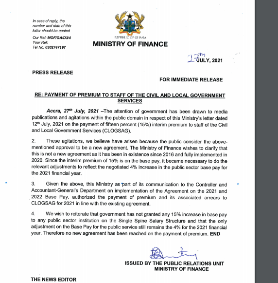 Ministry of Finance statement
