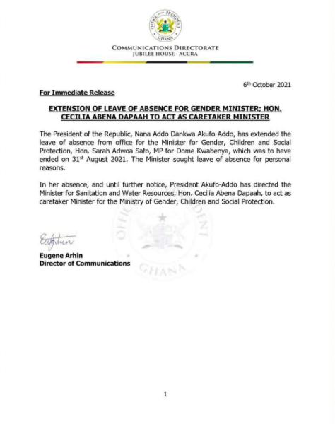 Akufo-Addo extends Adwoa Safo’s leave