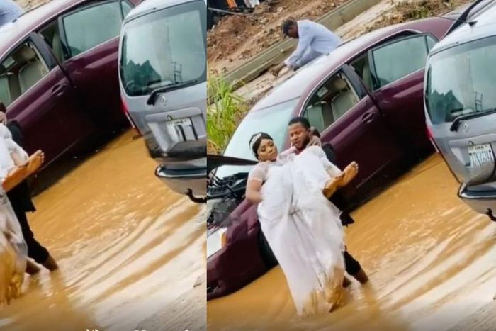 Bride’s white wedding gown turns brown, groom carries her as car gets stuck on muddy road (video)