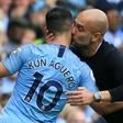 Manchester City manager Pep Guardiola kisses Sergio Aguero after he scored a hat-trick in 2018