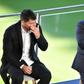 A tearful Sergio Aguero (L) with Barcelona president Joan Laporta at a press conference at the Camp Nou to announce his retirement from football on Wednesday