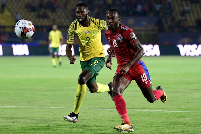 Star Mamelodi Sundowns forward Peter Shalulile (R) playing for Namibia against South Africa at the 2019 Africa Cup of Nations in Egypt.