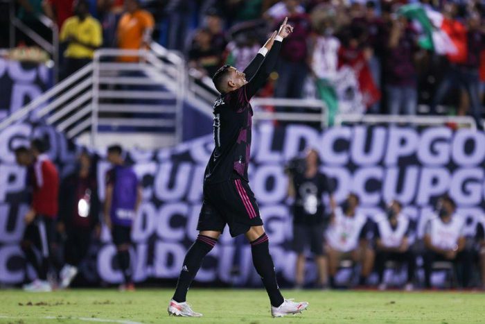 Mexico forward Rogelio Funes Mori celebrates after scoring his second goal in the second half of Mexico's 3-0 victory over Guatemala in the CONCACAF Gold Cup