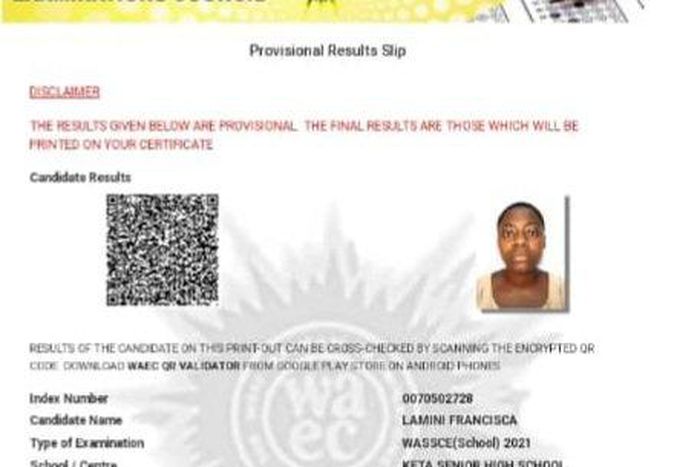 Francisca Lamini WASSCE result
