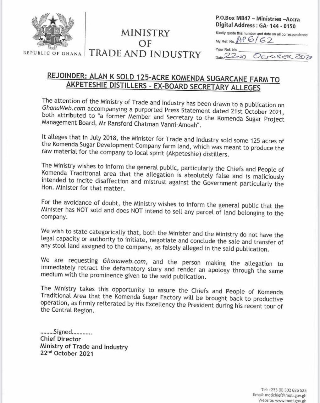 Statement from Trade Ministry