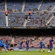 Life after Lionel: Barcelona's players warm up before the Spanish League match against Real Sociedad