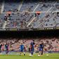 Life after Lionel: Barcelona's players warm up before the Spanish League match against Real Sociedad