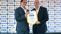 FIFA president Gianni Infantino (right) met the president of the Venezuelan Football Federation Jorge Gimenez during a visit to Caracas