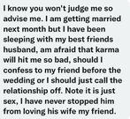 My wedding is next month but I sleep with best friend’s husband; I'm afraid of karma – Lady seeks advice