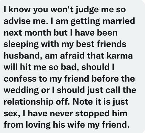My wedding is next month but I sleep with best friend’s husband; I'm afraid of karma – Lady seeks advice