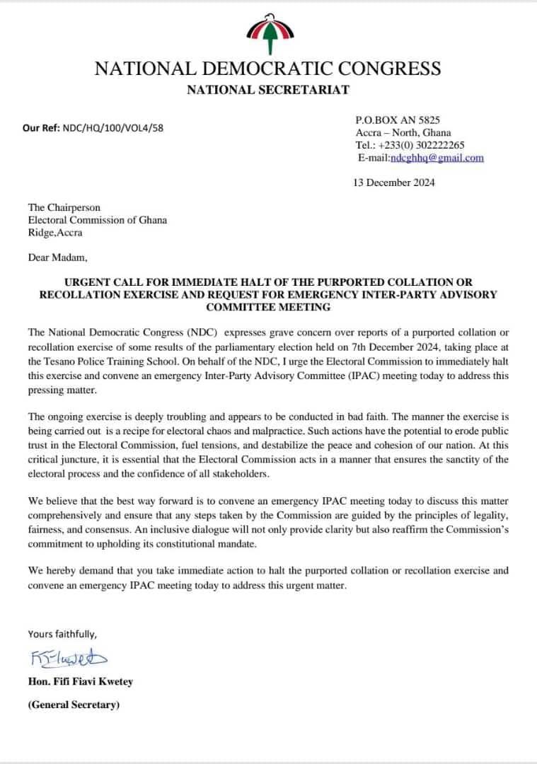 NDC warns against ‘illegal’ re-collation of parliamentary results