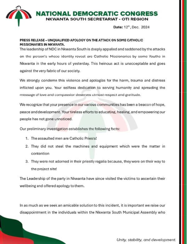 NDC condemns attack on 3 Catholic priests in Nkwanta South