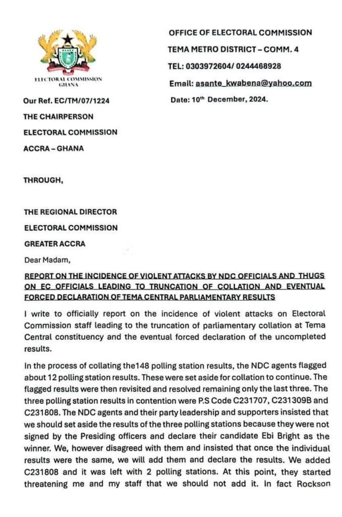 I was threatened to declare Ebi Bright as MP-elect – Tema EC Officer
