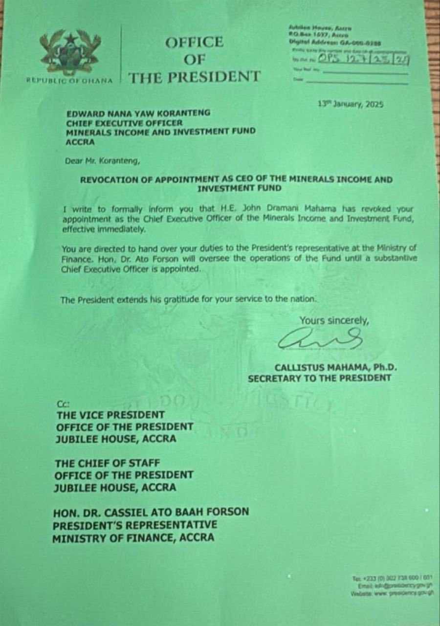 CEO of Minerals Income and Investment Fund sacked by President Mahama