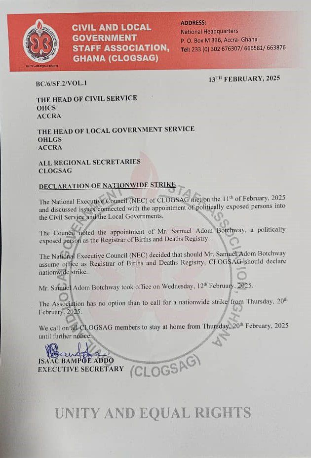 CLOGSAG declares nationwide strike over appointment of Births and Deaths Registrar