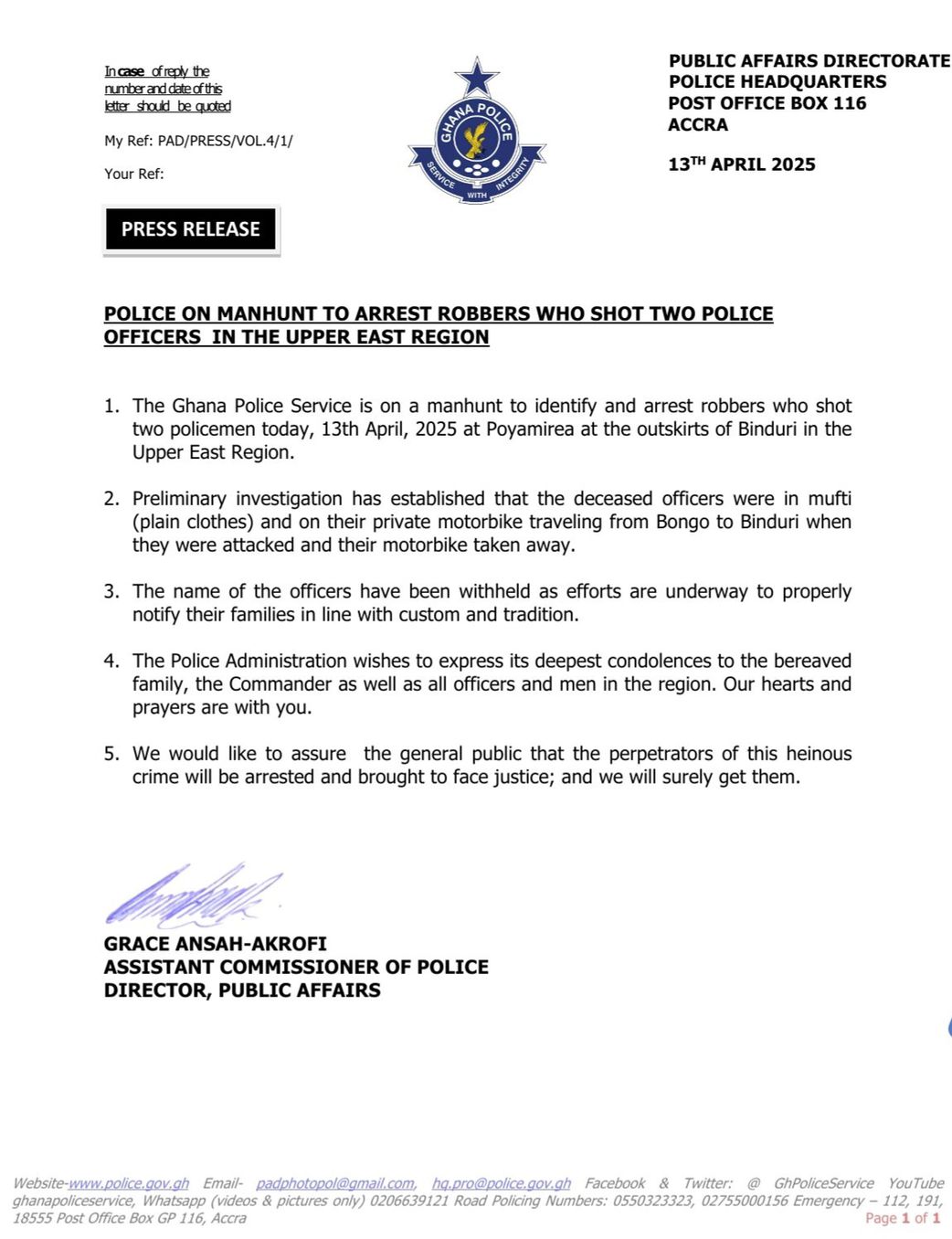 UE/R: Police chase armed robbers who killed 2 officers in Binduri