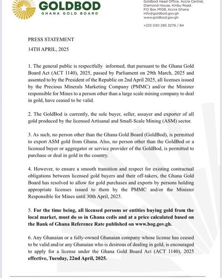 GoldBod issues short deadline for all foreigners to exit local gold trading market