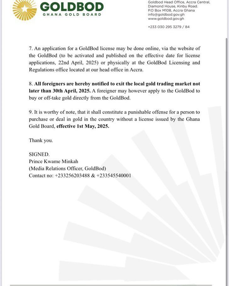 GoldBod issues short deadline for all foreigners to exit local gold trading market