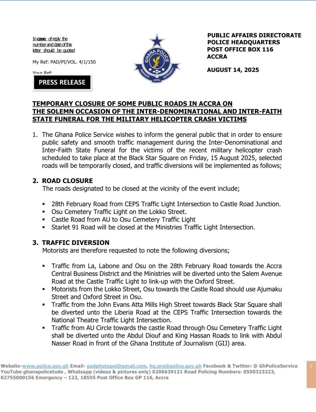 Full list of road closures and diversions during state funeral for helicopter crash victims