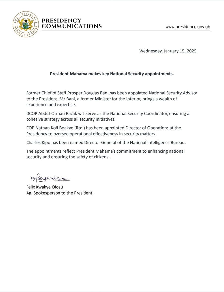 Kofi Boakye, Prosper Bani make list of Mahama’s key National Security appointments