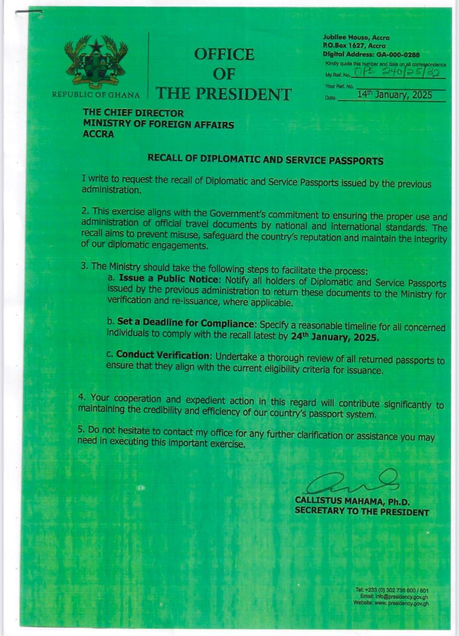 President Mahama directs recall of diplomatic passports issued by Akufo-Addo gov't