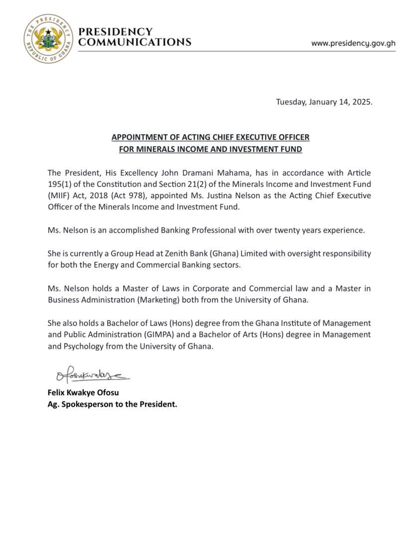 Mahama appoints Justina Nelson as Acting CEO of Minerals Income Investment Fund