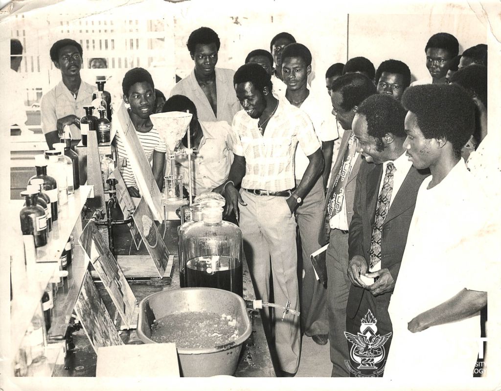 Prof. Francis Allotey (second from right) observing an experiment at KNUST in 1973. Credit: Jonathan Gyepi-Attee.