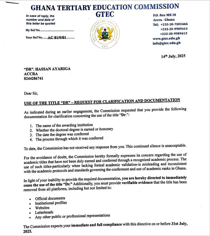 GTEC orders APC’s Hassan Ayariga to immediately cease using ‘Dr’ title