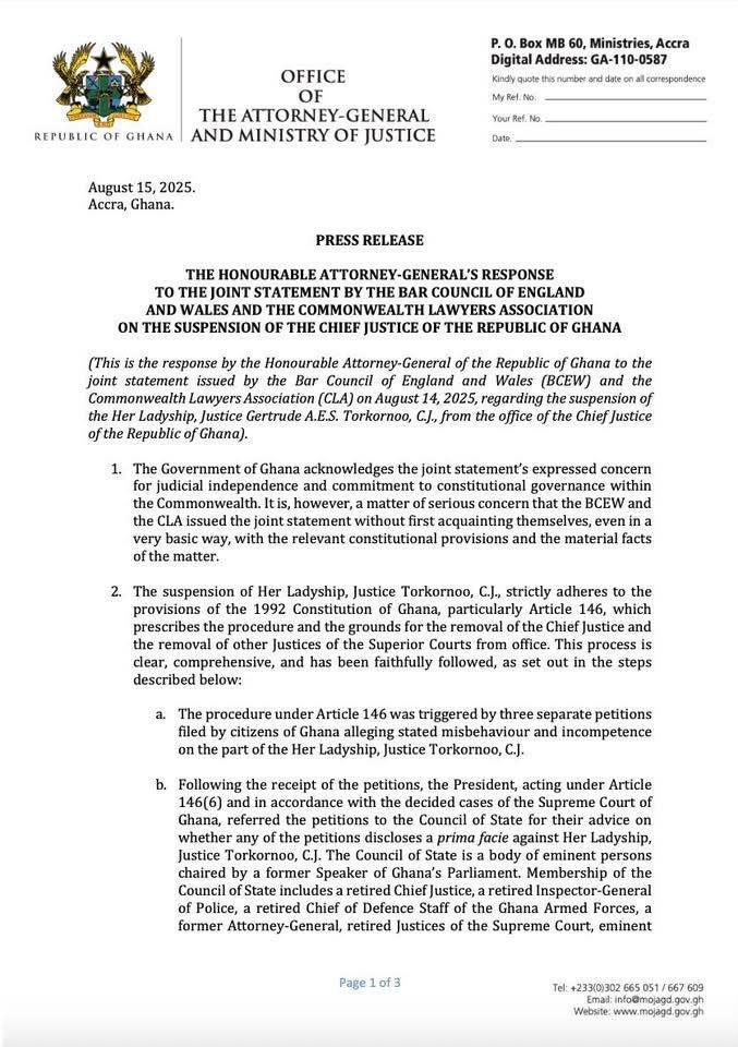 Attorney General rejects BCEW, Commonwealth lawyers’ calls to reinstate CJ Torkornoo