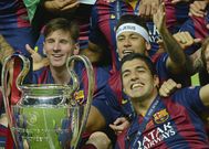 Messi, Suarez and Neymar celebrating 2015 UCL win