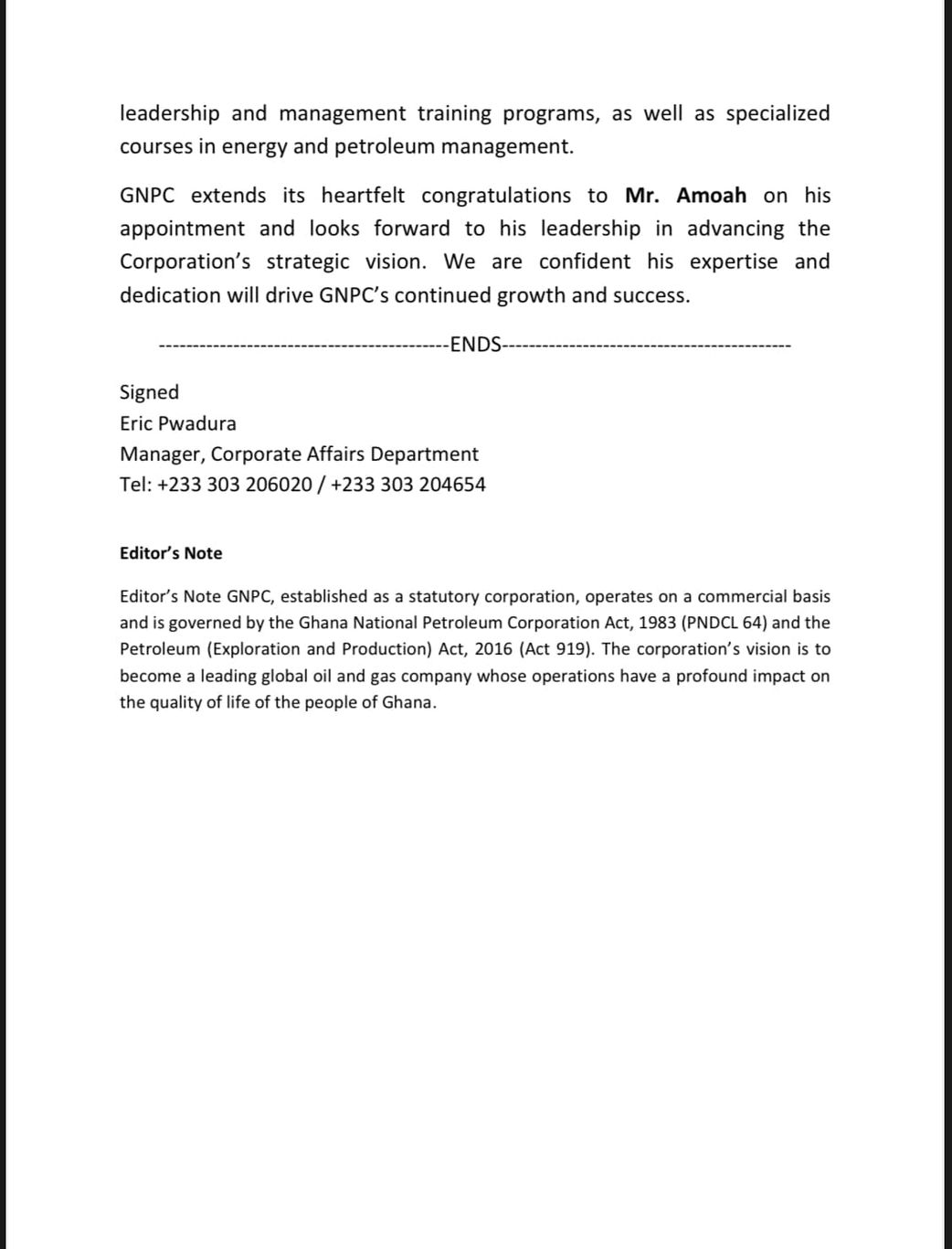 GNPC welcomes new acting CEO after Edward Bawa’s reassignment to GOIL