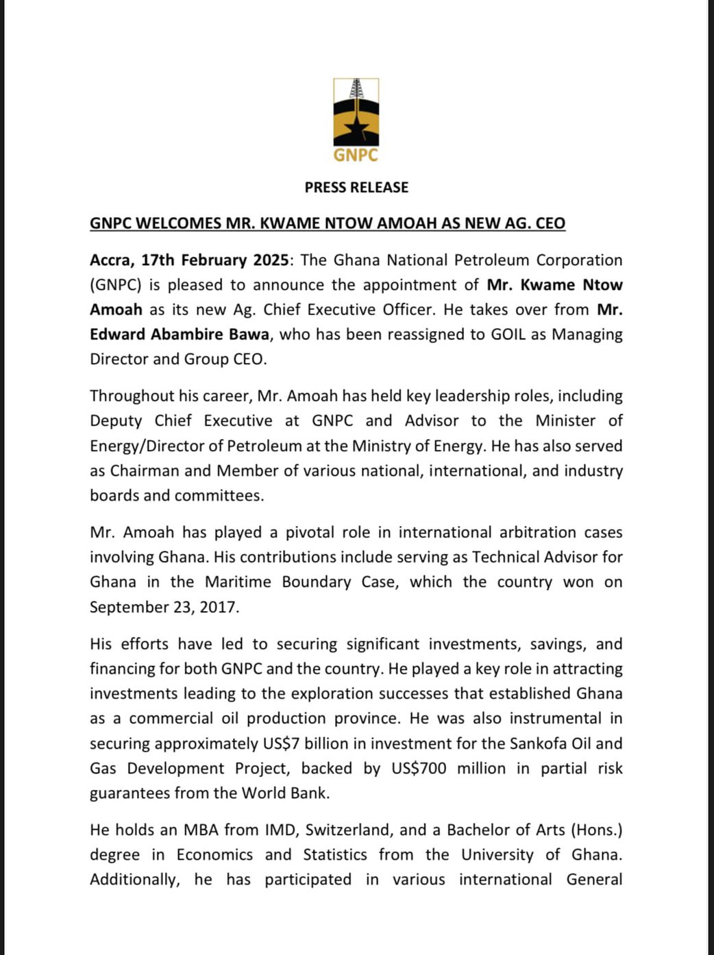 GNPC welcomes new acting CEO after Edward Bawa’s reassignment to GOIL