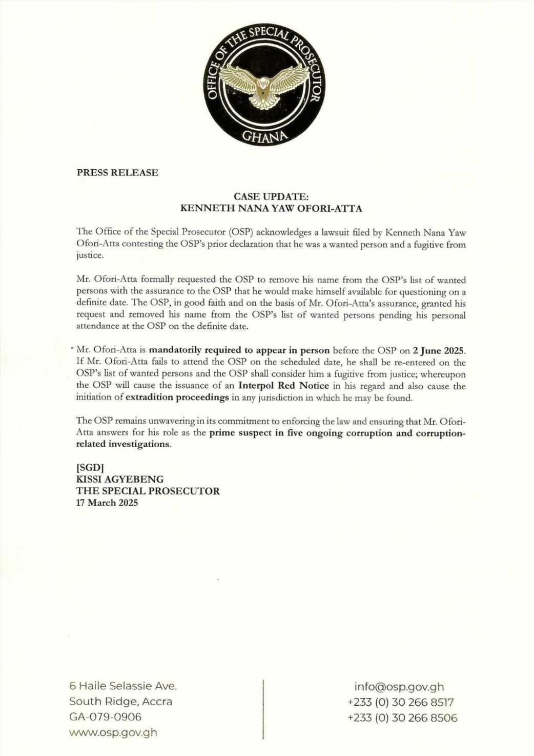 We'll let Interpol arrest Ofori-Atta if he fails to appear on agreed date - OSP