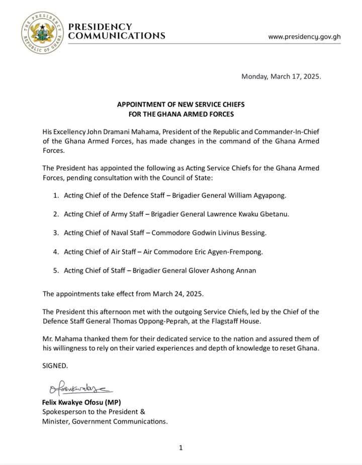 President Mahama dismisses CDS General Oppong-Peprah, other military chiefs