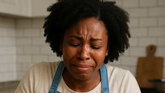 Lady crying while cutting onions