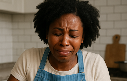 Lady crying while cutting onions
