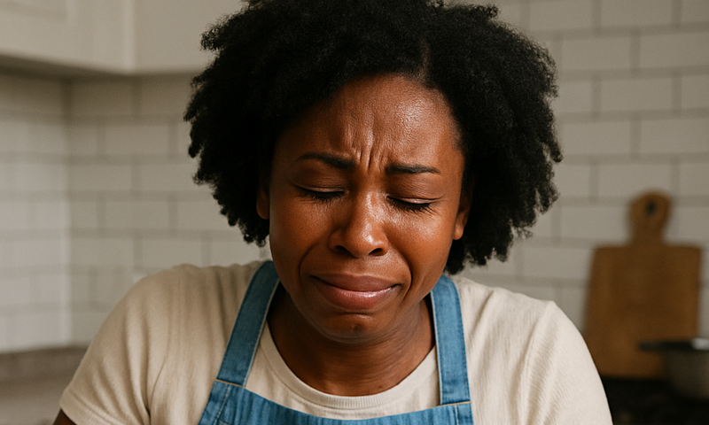 Lady crying while cutting onions