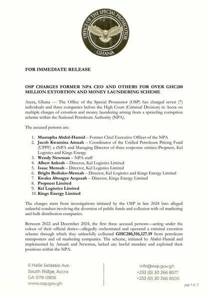 OSP charges former NPA boss, 9 others in GH₵280 million money laundering scandal