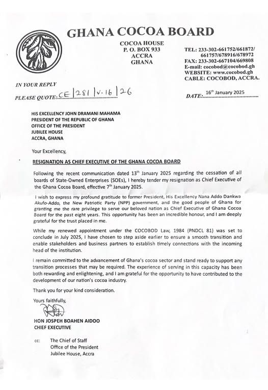 Joseph Boahen Aidoo steps down from COCOBOD CEO role