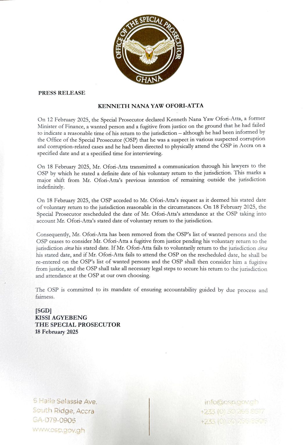 Ken Ofori-Atta removed from wanted list; set to return soon – OSP