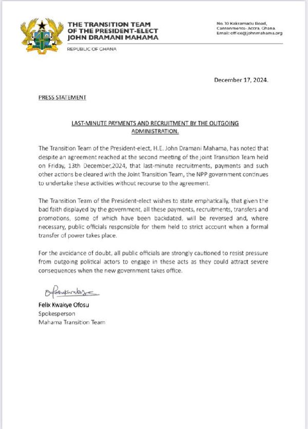 Incoming NDC gov’t to reverse all last-minute recruitment and payments