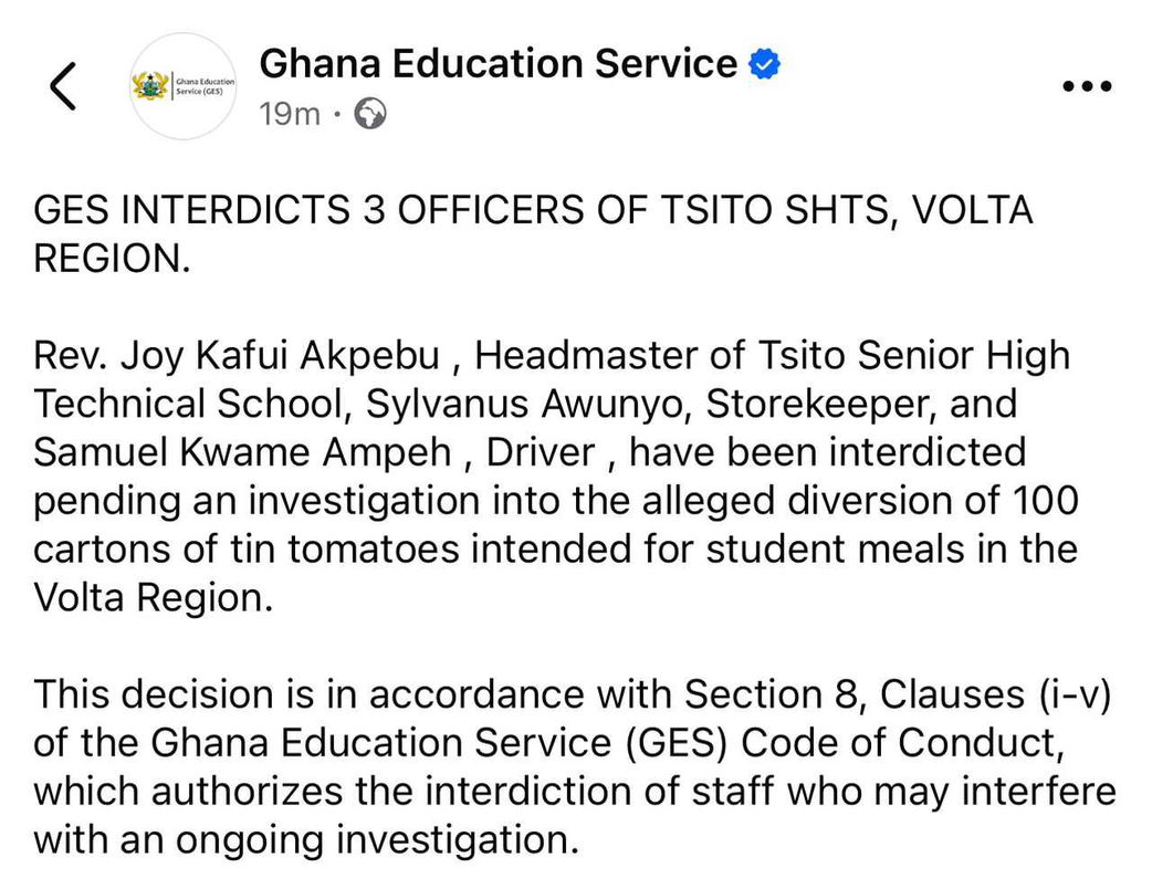 Tsito SECTECH headmaster, staff interdicted for allegedly diverting food supplies