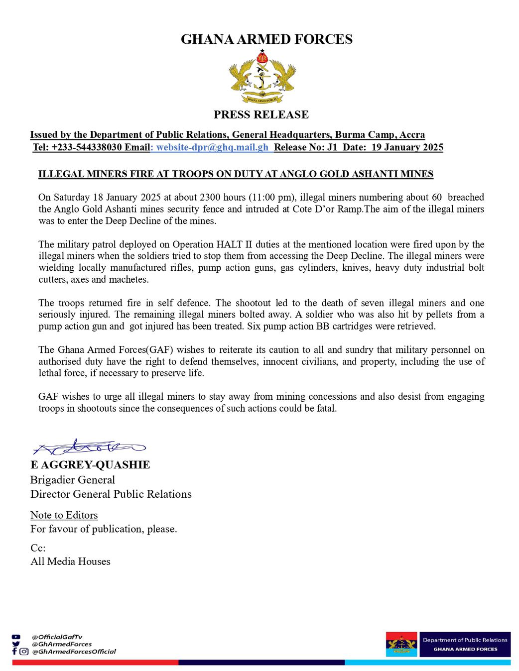 Stop engaging troops in shootouts – GAF warns illegal miners following Obuasi clash