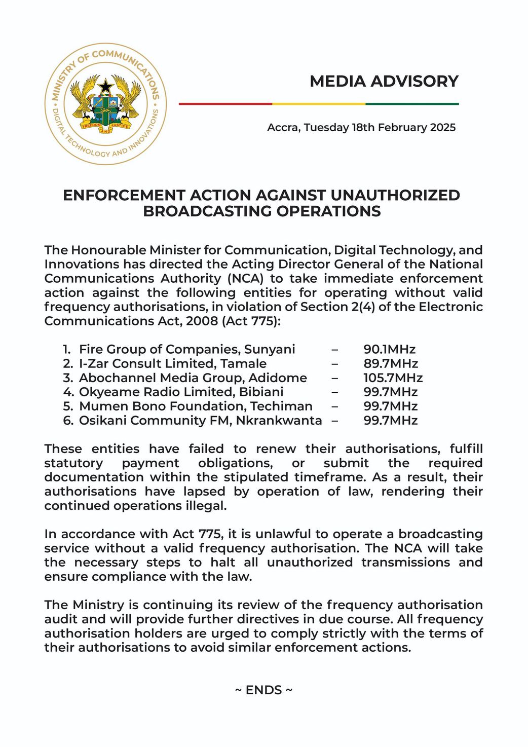 Sam George orders NCA to shut down Gumah FM and 6 other radio stations